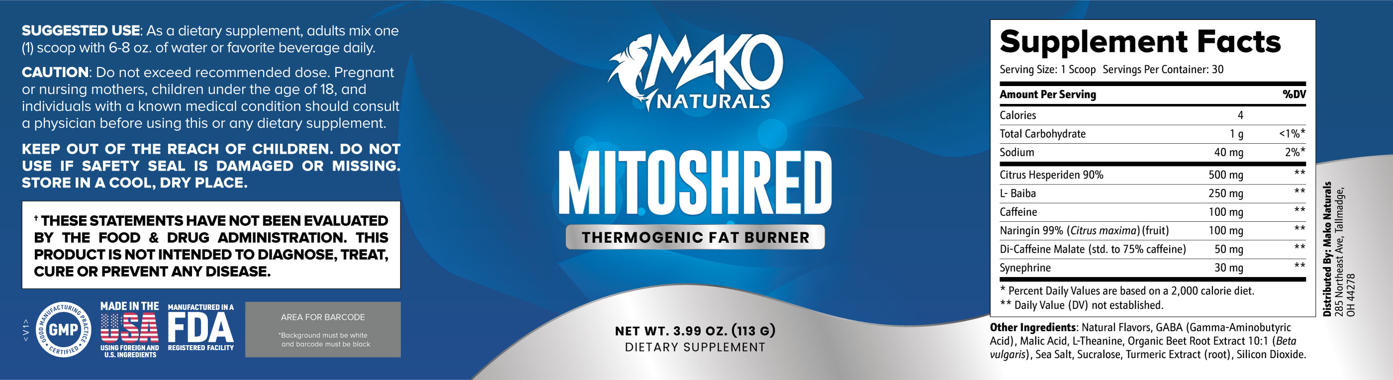 MitoShred Supplement Facts / Nutrition Label